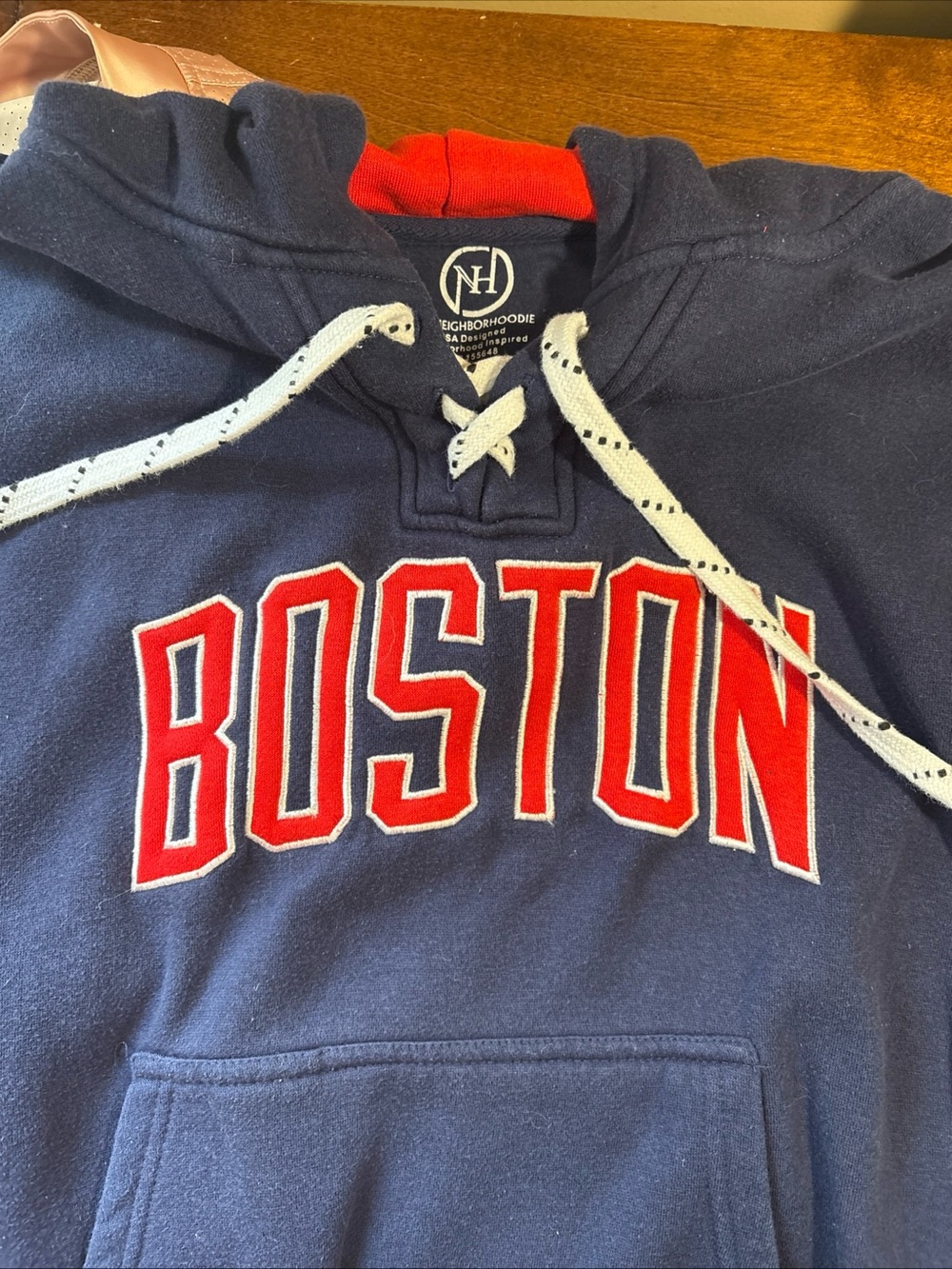 Neighborhoodie Navy Hoodie with Red "Boston" Appliqué